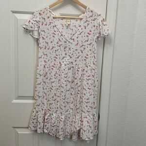 205 Collins Dress Small V-neck Red Pink White Cap Sleeve Ruffle Hem Button Dress